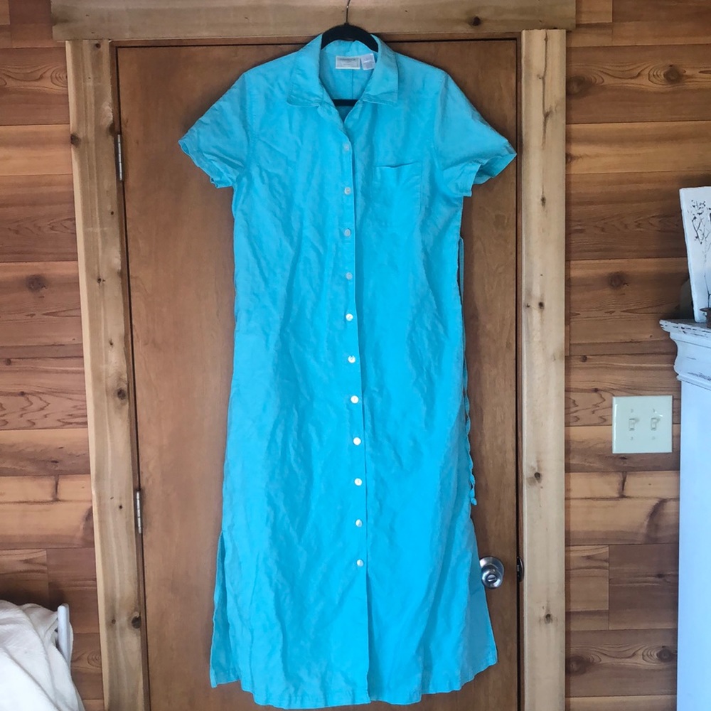 Susan Bristol Casuals blue linen blend button up dress